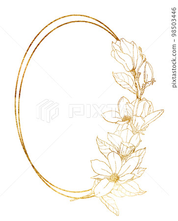 Watercolor golden frame with line art magnolia. Hand painted spring flowers and leaves isolated on white background. Floral illustration for design, print, fabric or background. 98503446
