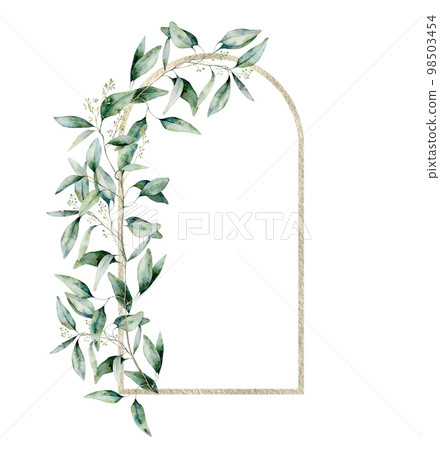 Watercolor gold border with eucalyptus branch and leaves. Hand painted exotic card with plant isolated on white background. Floral illustration for design, print, fabric or background. 98503454
