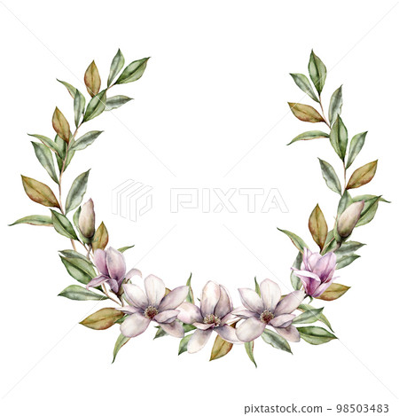 Watercolor floral wreath with leaves, magnolias and buds. Hand painted bouquet with flowers isolated on white background. Holiday spring illustration for design, print, fabric or background. 98503483