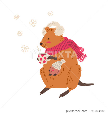 Cute quokka with cub, warm clothes and drink flat style 98503488