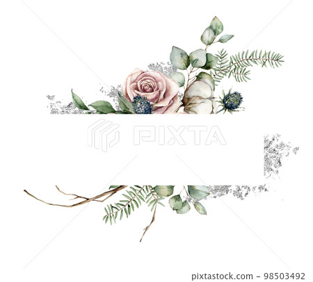 Watercolor Christmas frame with silver foil, pink rose, cotton, blue Thistle and eucalyptus. Hand painted holiday card isolated on white background. Illustration for design, print or background. 98503492