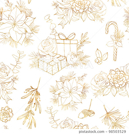 Watercolor Christmas golden seamless pattern. Hand painted linear poinsettia, roses, giftboxes and bells isolated on white background. Holiday line art illustration for design, print or background. 98503529