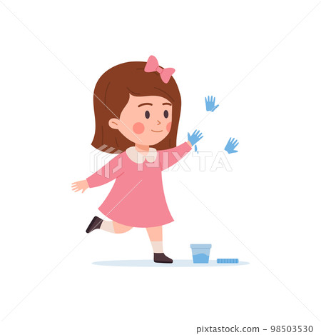 Cute girl playing with water leaving handprints on the wall, flat vector illustration isolated on white background. 98503530