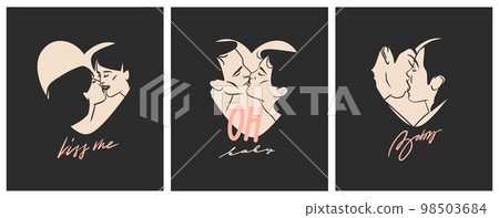 Hand drawn vector abstract graphic illustration Valentines day cards template, drawing kissing couple portrait set in heart silhouette.Love couple kissing together.Valentines beautiful design concept. 98503684