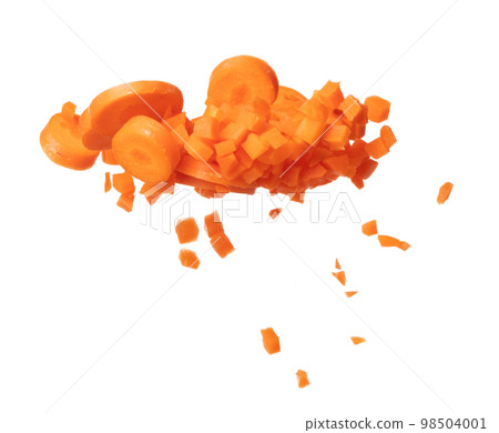 Carrot fresh fly float in Air turn to Cube dice and round slice shape. Beta Carotene orange color in Carrot is good health. Many Dice cube carrot flying throw up in Air. White background isolated 98504001