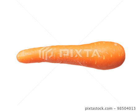 Carrot fresh full length fly in air. Beta Carotene orange color in Carrot is good health. Natural raw surface of carrot with root. White background isolated, high speed shutter 98504013