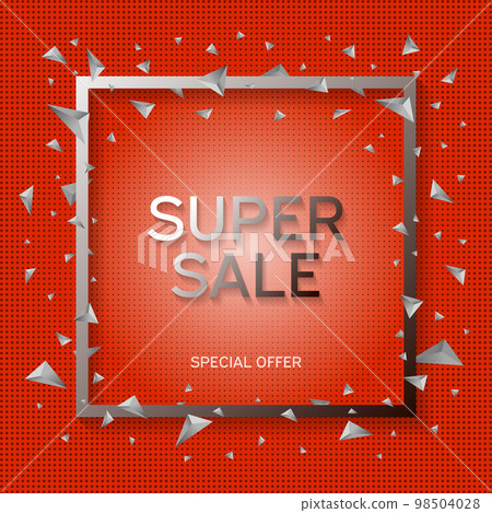 Super sale banner. White frame with black and white abstract geometric shapes around it on a red background. 98504028