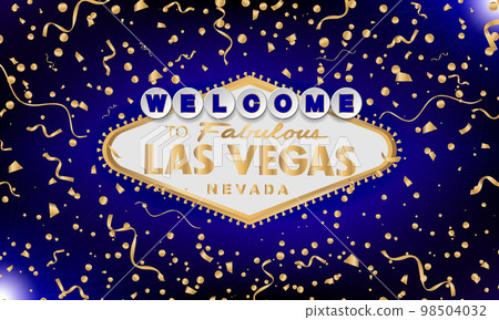 Classic retro gold Welcome to Las Vegas sign on blue background. Happy background. Simple modern vector style illustration. Vector colourful serpentine and confetti. Classic retro gold Welcome to Las Vegas sign on blue background. Happy background. Simple modern vector style illustration. Vector colourful serpentine and confetti. 98504032