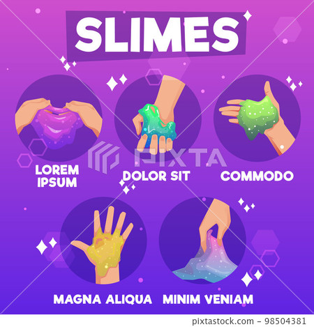 Slime toys infographic banner design with slimes flat vector illustration. Slime toys infographic banner design with slimes flat vector illustration. 98504381