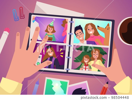 Top view on hands leafing through a family photo album, flat vector illustration. 98504448