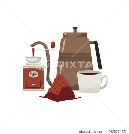 Coffee brewing accessories and utensils flat vector illustration isolated. Coffee brewing accessories and utensils flat vector illustration isolated. 98504485