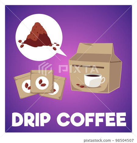 Drip coffee filters packs symbols at dark background flat vector illustration. 98504507