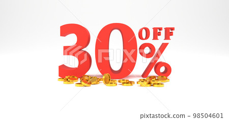 3D Rendering. 30 percent off with gold coin and white background. Special Offer 30% Discount Tag. Super sale offer and best seller. 3D Rendering. 30 percent off with gold coin and white background. Special Offer 30% Discount Tag. Super sale offer and best seller. 98504601