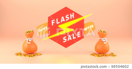 3D Rendering. Flash sale banner design with the Gold coin bag. Special Offer day and MEGA discounting. 98504602