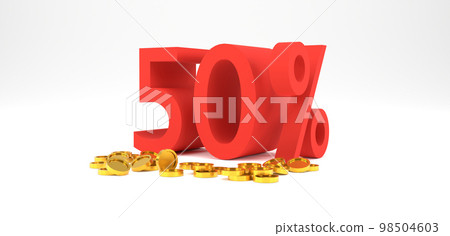 3D Rendering. 50 percent off with gold coin and white background. Special Offer 50% Discount Tag. Super sale offer. 3D Rendering. 50 percent off with gold coin and white background. Special Offer 50% Discount Tag. Super sale offer. 98504603