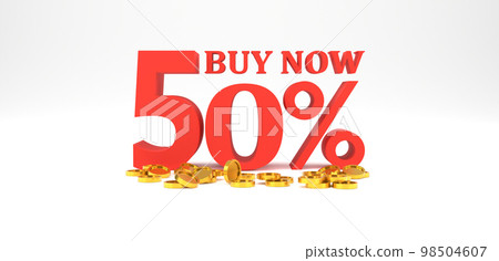 3D Rendering. 50 percent off with gold coin and white background. Special Offer 50% Discount Tag. Super sale offer when buy now. 98504607
