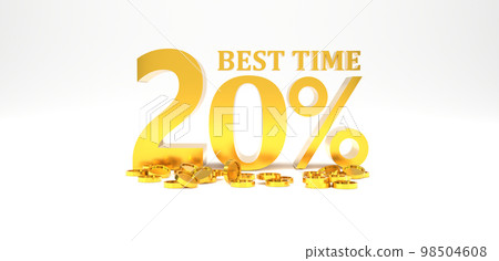 3D Rendering. 20 percent off with gold coin and white background. Special Offer 20% Discount Tag. Super sale offer and best seller. 3D Rendering. 20 percent off with gold coin and white background. Special Offer 20% Discount Tag. Super sale offer and best seller. 98504608
