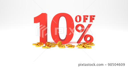 3D Rendering. 10 percent off with gold coin and white background. Special Offer 10% Discount Tag. Super sale offer and best seller. 3D Rendering. 10 percent off with gold coin and white background. Special Offer 10% Discount Tag. Super sale offer and best seller. 98504609
