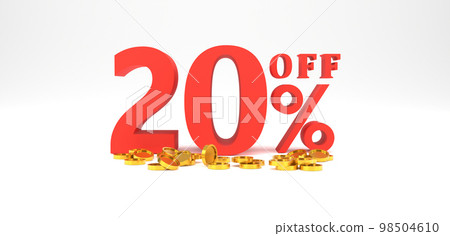 3D Rendering. 20 percent off with gold coin and white background. Special Offer 20% Discount Tag. Super sale offer and best seller. 3D Rendering. 20 percent off with gold coin and white background. Special Offer 20% Discount Tag. Super sale offer and best seller. 98504610