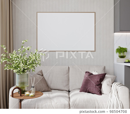 Horizontal poster frame mockup in cozy beige living room, 3d rendering 98504708