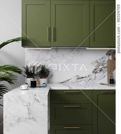 Modern green kitchen interior design, close up, 3d rendering 98504709