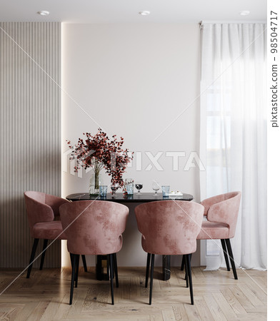 Home interior, modern pink dining room interior, beige empty wall mock up, 3d render 98504717