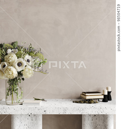Home interior with flowers, empty wall and decoration, living room in beige warm color with black console, 3d render 98504719