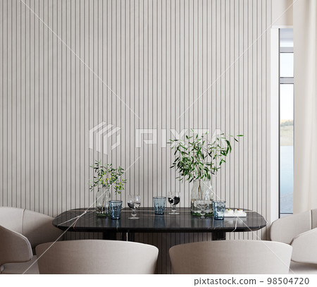 Modern living room interior with beige wall panel mockup, black marble table, chairs and plant, 3d rendering Modern living room interior with beige wall panel mockup, black marble table, chairs and plant, 3d rendering 98504720