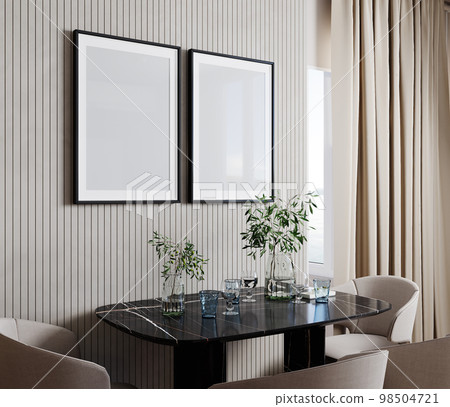 Two poster frame mockup in stylish beige living room interior, 3d rendering 98504721
