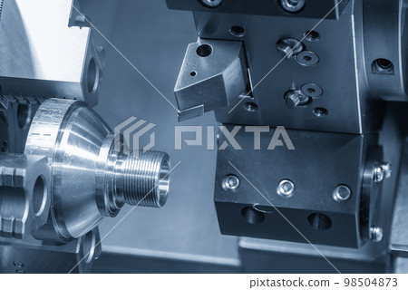 The CNC lathe machine thread cutting at the end of metal stud parts. The CNC lathe machine thread cutting at the end of metal stud parts. 98504873