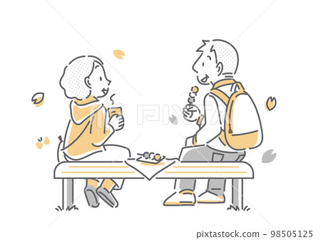 一對老年夫婦邊喝茶邊賞櫻花 簡單時尚的線條畫插圖 98505125