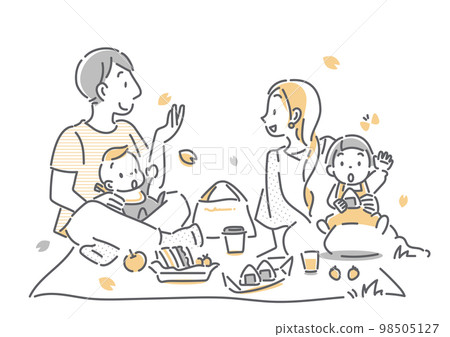 一家四口賞櫻花，簡單時尚的線條畫插圖 98505127