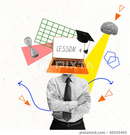 Business man with laptop instead head. Contemporary art collage, Concept of education, self-development, personal growth, goal achievement. New ideas, inspiration, ad. 98505405