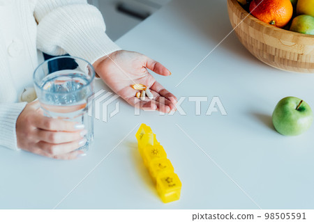 Close up Female hands holding pills and glass of water at home kitchen. Taking daily medicine antioxidant diet vitamin supplements for beauty skin hair health care medicament concept. Close up Female hands holding pills and glass of water at home kitchen. Taking daily medicine antioxidant diet vitamin supplements for beauty skin hair health care medicament concept. 98505591