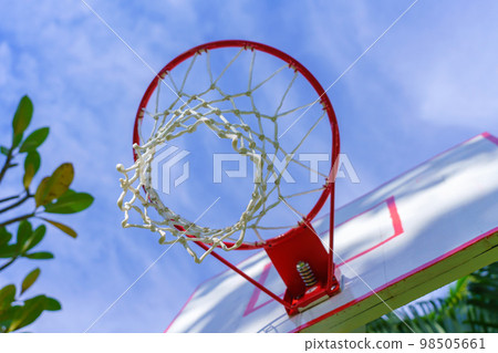 Basketball backboard ring close-up, basketball court in park 98505661
