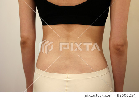 穿著運動胸罩和內衣的女性身體的後視圖 穿著運動胸罩和內衣的女性身體的後視圖 98506254
