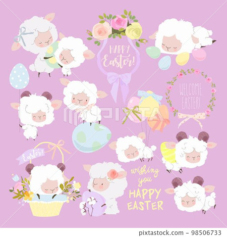 Easter Set with Cute White Sheeps and Easter Eggs 98506733
