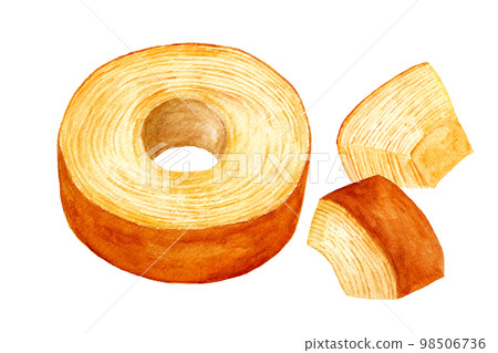 Hand-painted watercolor cross-section and cross-sectionless baumkuchen illustration Hand-painted watercolor cross-section and cross-sectionless baumkuchen illustration 98506736