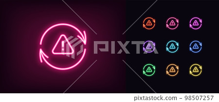 Outline neon update icon set. Glowing neon update arrows frame with exclamation mark, important upgrade warning pictogram. Error synchronize, reload alert, restart notice. Outline neon update icon set. Glowing neon update arrows frame with exclamation mark, important upgrade warning pictogram. Error synchronize, reload alert, restart notice. 98507257