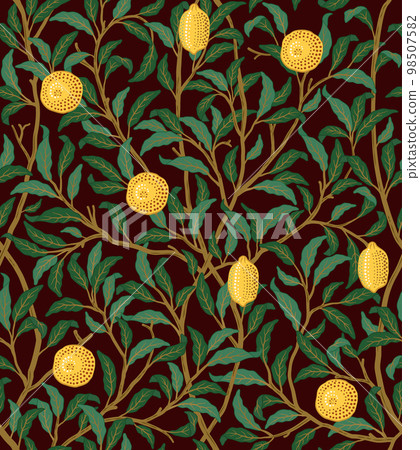 Vintage tropical fruit seamless pattern on dark background. Lemons in foliage. Middle ages William Morris style. Vector illustration Vintage tropical fruit seamless pattern on dark background. Lemons in foliage. Middle ages William Morris style. Vector illustration 98507582