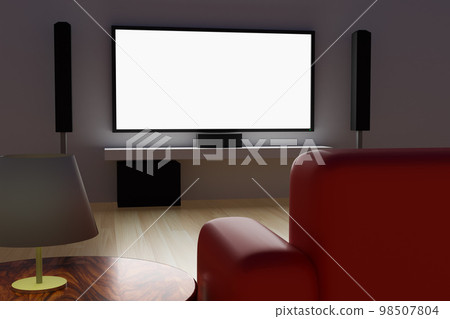 3D Rendering night theater room comfort sofa blank LCD TV screen for Home entertainment background 3D Rendering night theater room comfort sofa blank LCD TV screen for Home entertainment background 98507804
