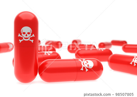 3D rendering death poison medicine or dangerous pills, drug capsule for suicide concept 3D rendering death poison medicine or dangerous pills, drug capsule for suicide concept 98507805
