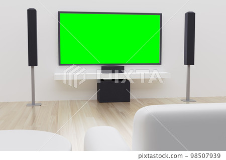 3D Rendering White clean home theater room with audio system LCD TV blank screen for advertising montage. 3D Rendering White clean home theater room with audio system LCD TV blank screen for advertising montage. 98507939