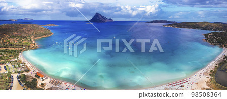 Sardegnia island nature scenery and best beaches. Aerial drone panoramic view of stunning Tavolara island and beach. Italy 98508364