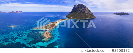 aerial drone panoramic view of splendid island and beach Tavolara in Sardegna, Italy.  98508382