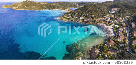 Sardegna (Sardinia) island aerial drone view of best beaches. Pevero beach Sardegna (Sardinia) island aerial drone view of best beaches. Pevero beach 98508389