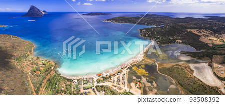 Sardegnia island nature scenery and best beaches. Aerial drone panoramic view of stunning Tavolara island and beach. Italy summer holidays 98508392