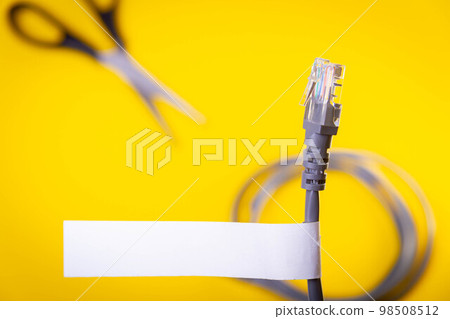 Internet cable and scissors cut it. Disconnection of Internet network. Connection to World Wide Web. Internet cable and scissors cut it. Disconnection of Internet network. Connection to World Wide Web. 98508512