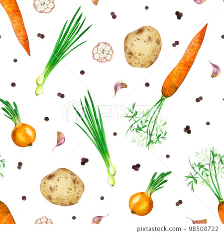 Seamless pattern of vegetables on a white background. carrots, onions, potatoes, garlic hand drawn watercolor. for print, fabric, wallpaper, scrapbooking Seamless pattern of vegetables on a white background. carrots, onions, potatoes, garlic hand drawn watercolor. for print, fabric, wallpaper, scrapbooking 98508722