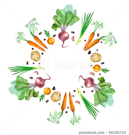 wreath of seasonal vegetables on a white background. Beets, carrots, onions, potatoes hand-drawn in watercolor on a white background. for print, design, scrapbooking 98508724